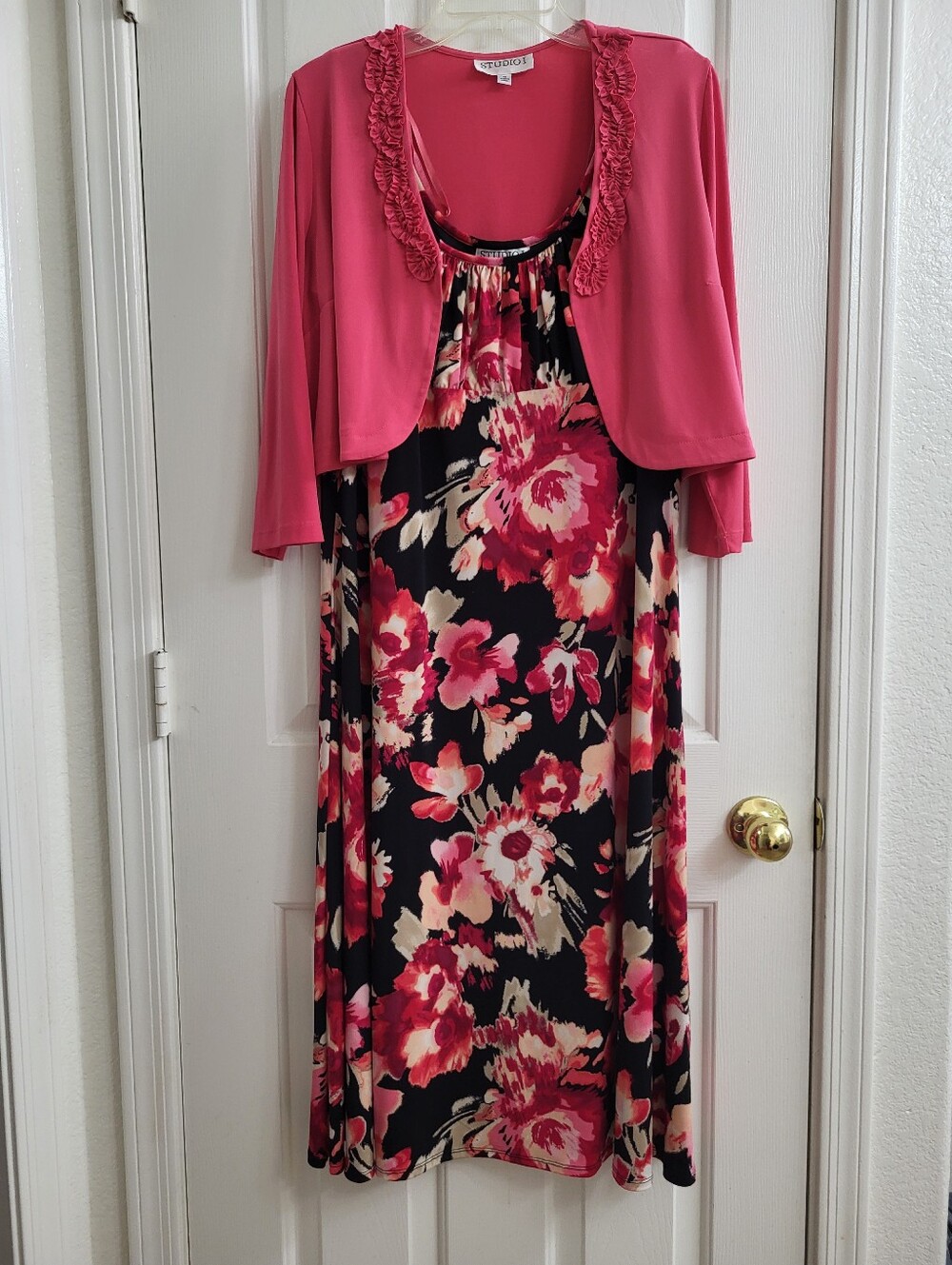 Studio I SleevelesBlack Dress with Pink Floral Print And Bolero Jacket, Size XL